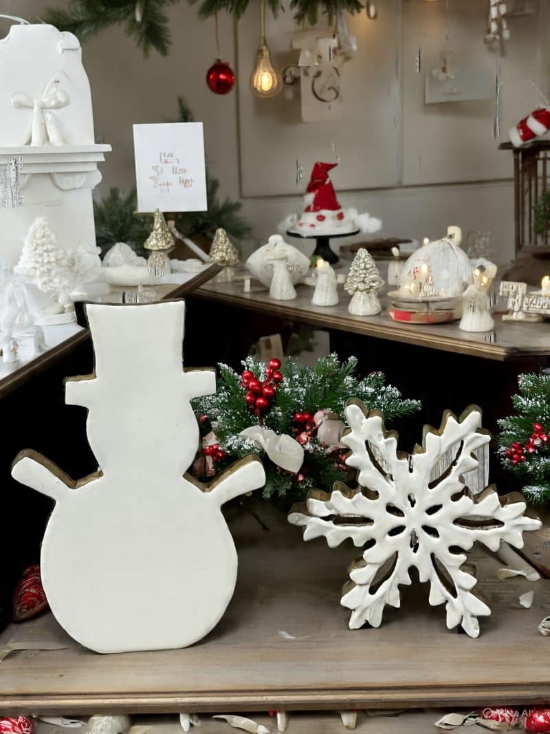 White Enamel Snowman and Snowflake Set