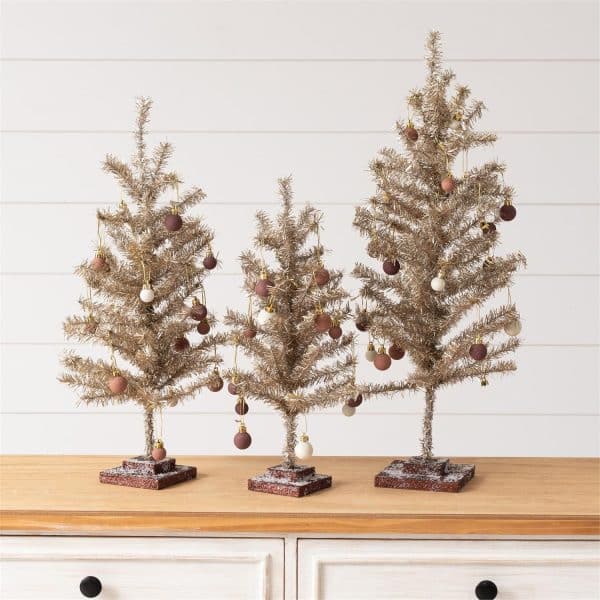 Champagne Tinsel Trees with Ornaments/ Set of 3