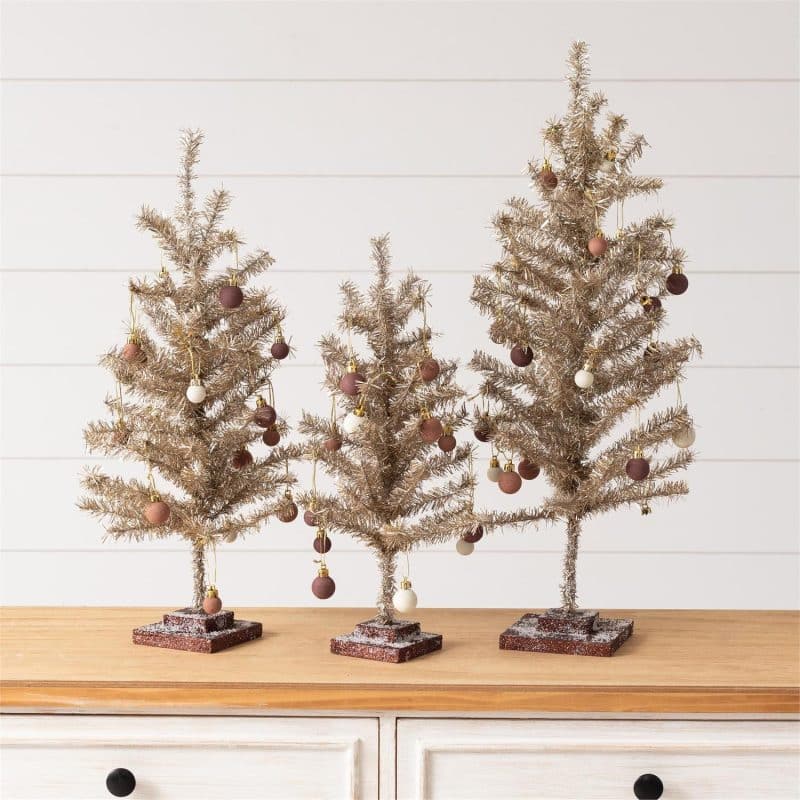 Champagne Tinsel Trees with Ornaments/ Set of 3