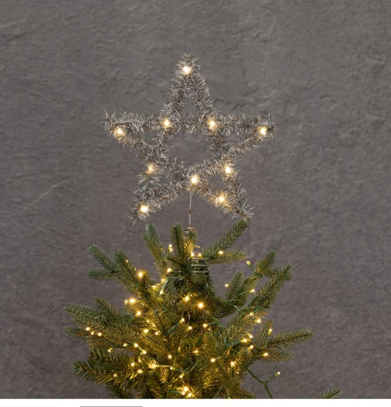 LIGHTED SILVER TINSEL STAR TREE TOPPER