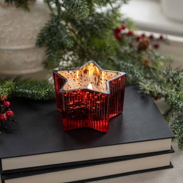 4.5" RED MERCURY GLASS STAR 3D FLAME CANDLE