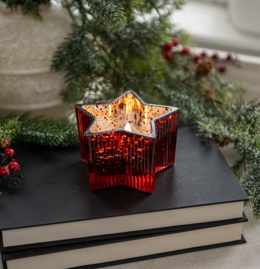 4.5" RED MERCURY GLASS STAR 3D FLAME CANDLE