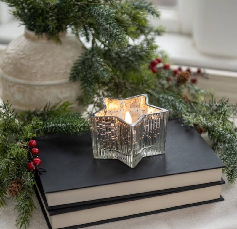 4.5" SILVER MERCURY GLASS STAR 3D FLAME CANDLE