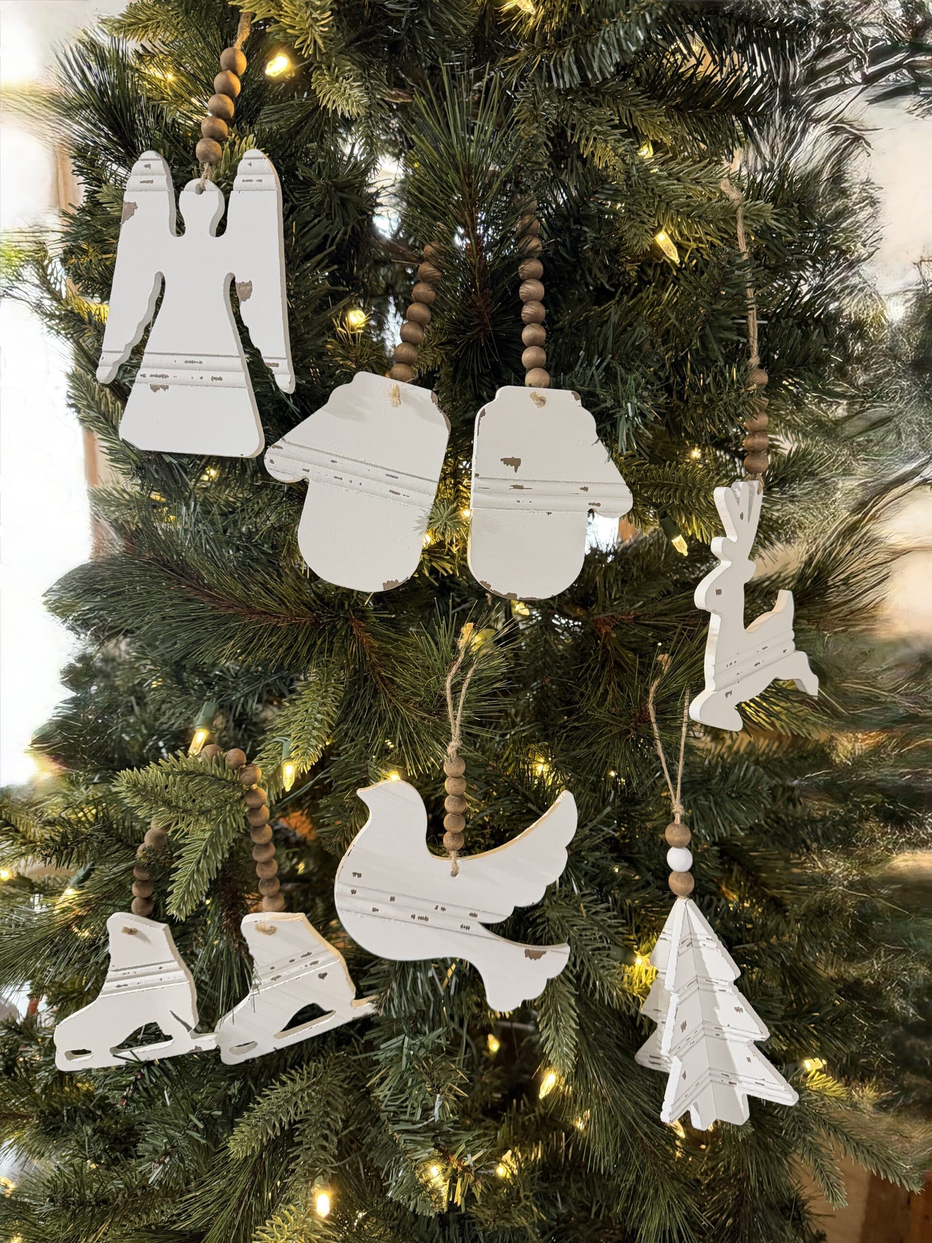 6 Piece White Wood Chippy Ornament Set