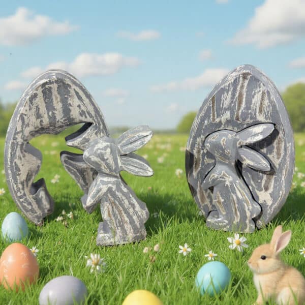 Whitewashed Bunny in Egg Wood Cutout / Set of 2