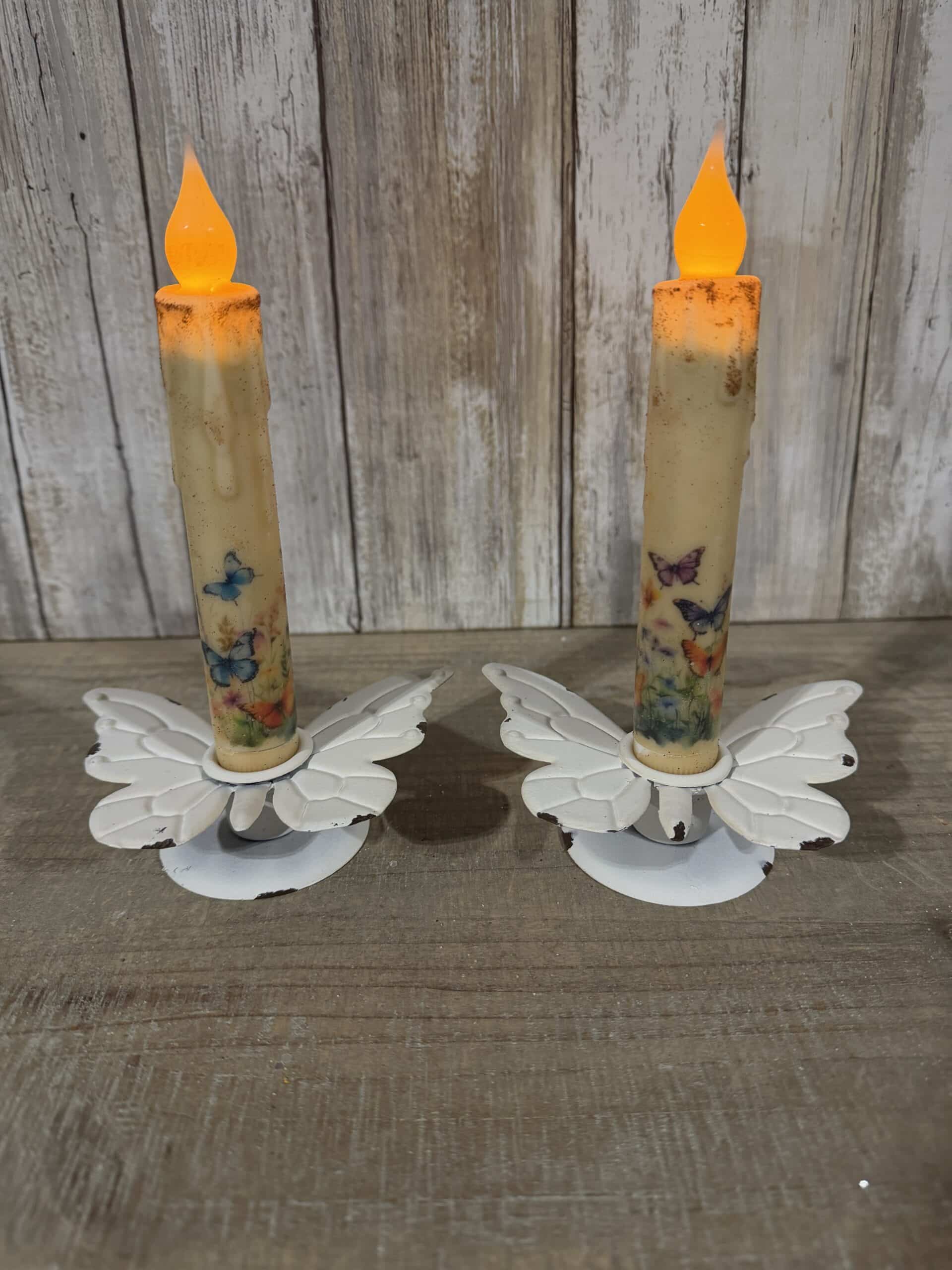 Cream 6" LED Timer Taper With Butterflies/ Set of 2 - Image 2