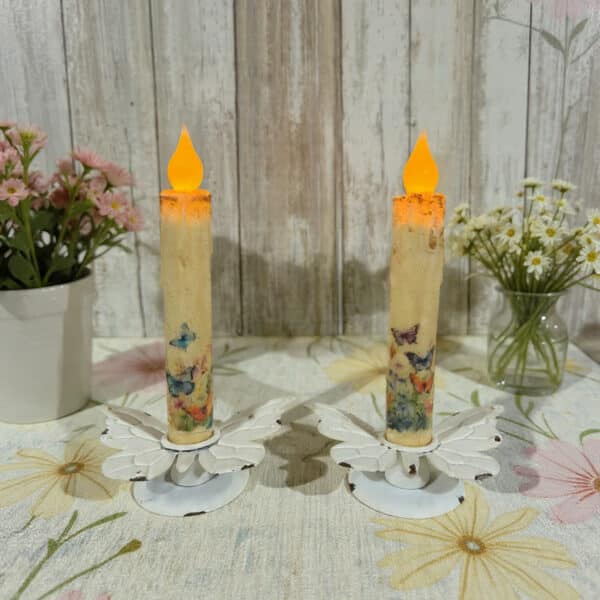 Cream 6" LED Timer Taper With Butterflies/ Set of 2