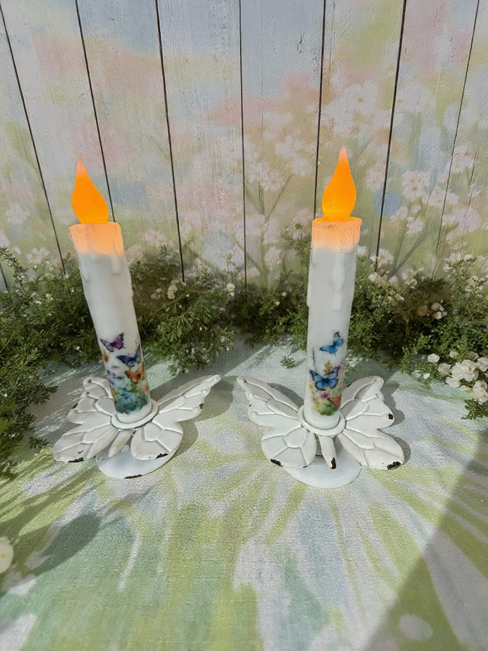 White 6" LED Timer Taper With Butterflies/ Set of 2