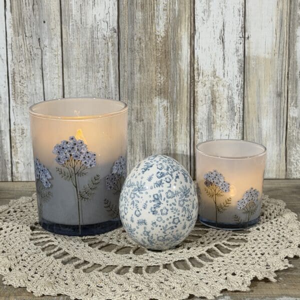 Light Blue Glass Floral Candle Jars and Egg Set
