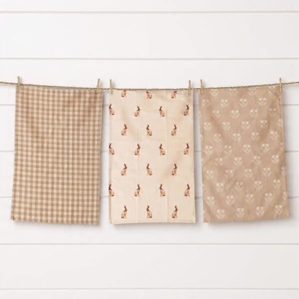 Tea Towels - Rabbit And Tan And Linen Check (Set of 3)