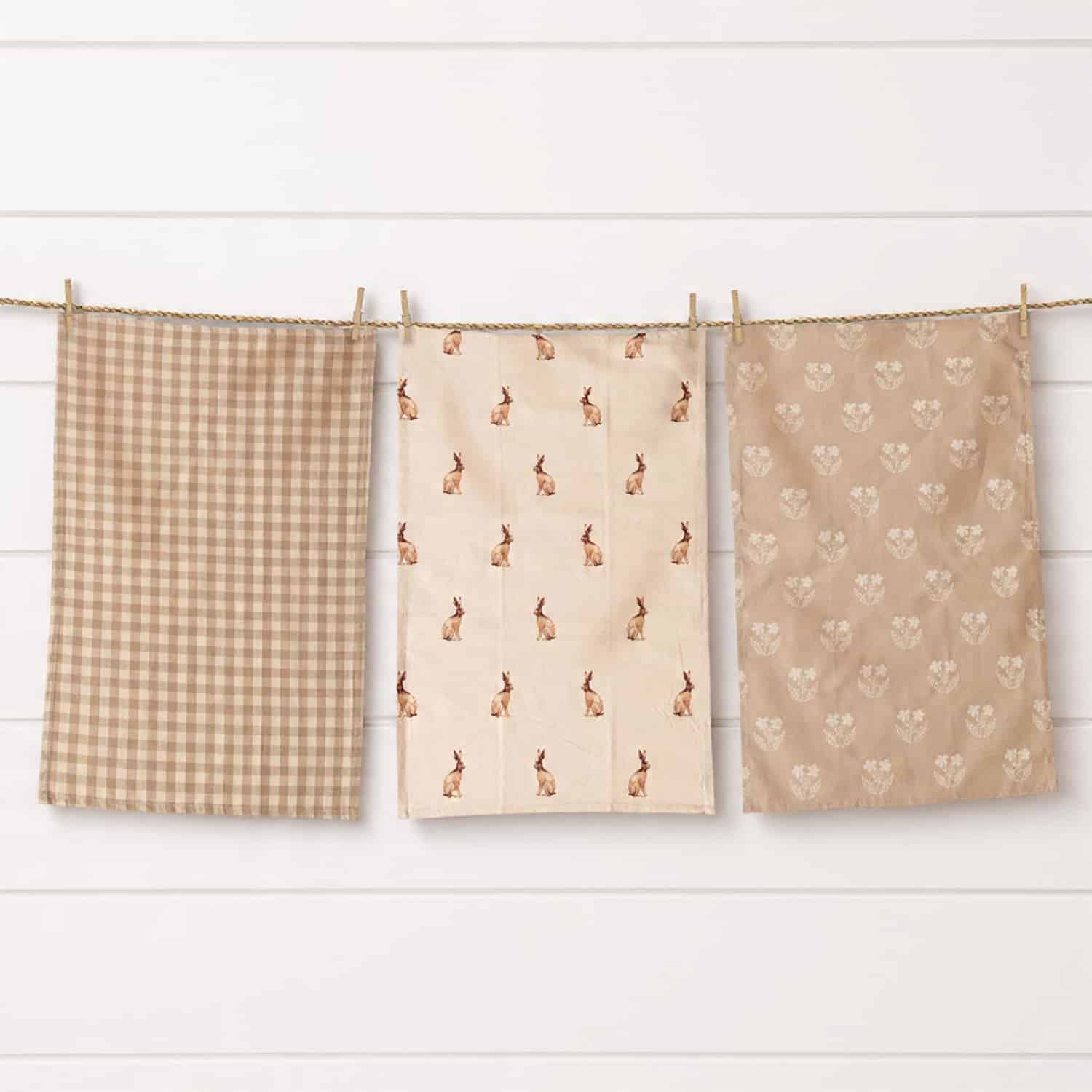 Tea Towels - Rabbit And Tan And Linen Check (Set of 3)