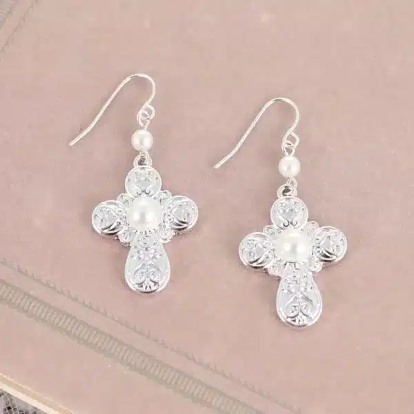 Silver Filigree & Pearl Cross Earrings