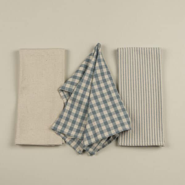 SET/3 DUSTY BLUE & CREAM KITCHEN TOWELS