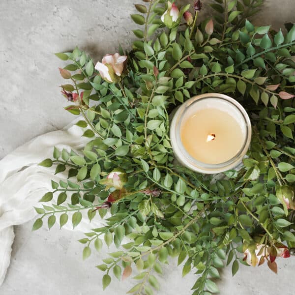 14" PEACH ROSE & SMILAX CANDLE RING