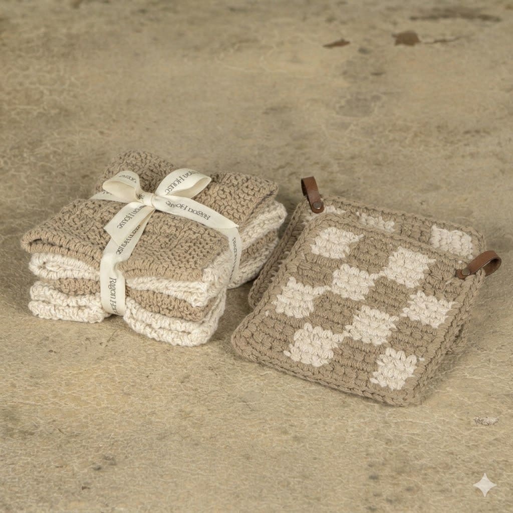 TAN AND CREAM CHECKERBOARD KITCHEN ESSENTIALS SET - Image 2