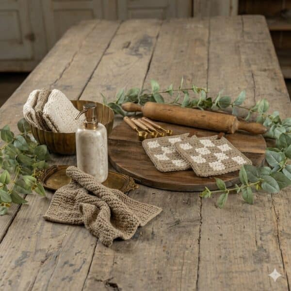 TAN AND CREAM CHECKERBOARD KITCHEN ESSENTIALS SET