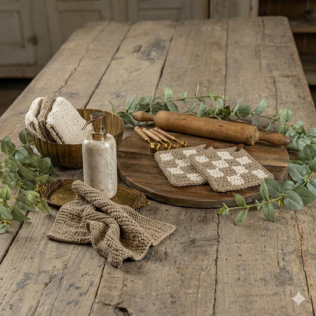 TAN AND CREAM CHECKERBOARD KITCHEN ESSENTIALS SET