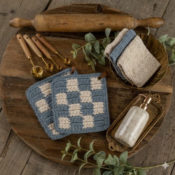DUSTY BLUE AND CREAM CHECKERBOARD KITCHEN ESSENTIALS SET