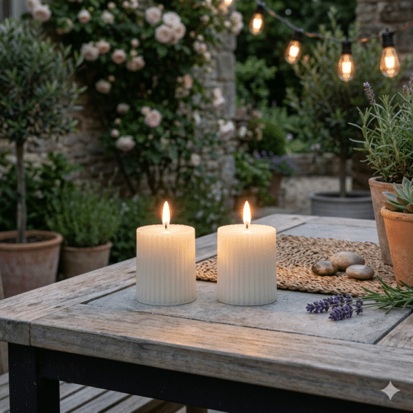 3.75" OUTDOOR 3D FLAME CREAM FLUTED TIMER PILLAR CANDLES/ SET OF 2