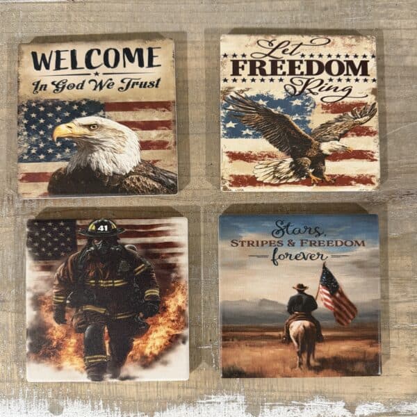 Set of 4 Patriotic Slate Coasters with Holder