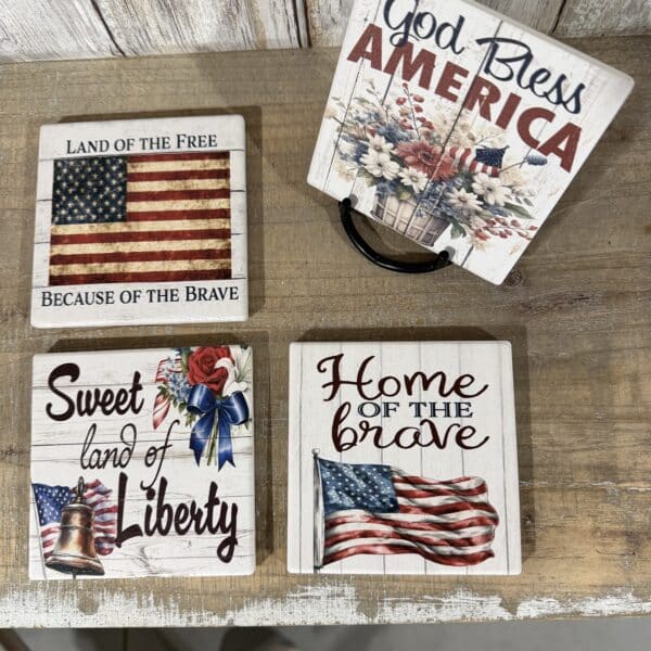 Set of 4 Americana Slate Coasters with Holder