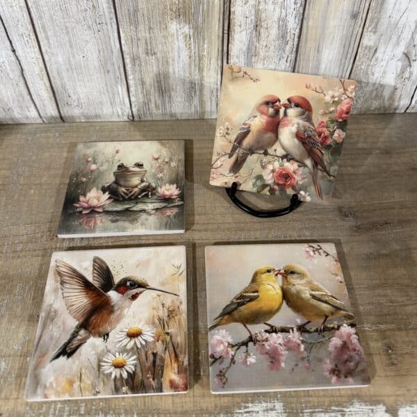 Set of 4 Garden Friends Slate Coasters With Holder