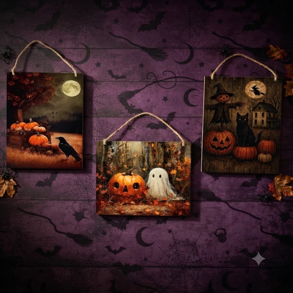 Primitive Halloween Hanging Plaque Trio