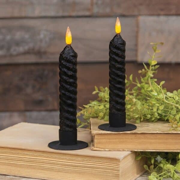 6.25" Black Vintage Twist Flicker Flame Timer Taper / Set of 2