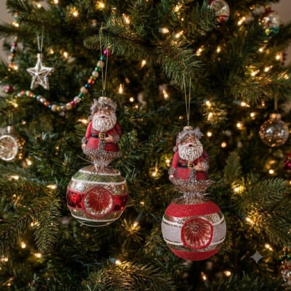 Glass Figural Tinsel Santa Ornaments / Set of 2