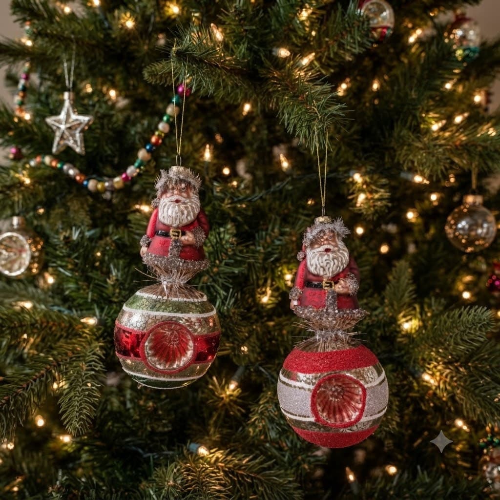 Glass Figural Tinsel Santa Ornaments / Set of 2