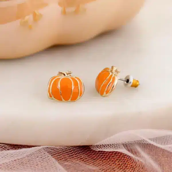 Orange & Gold Enamel Fall Pumpkin Stud Earrings