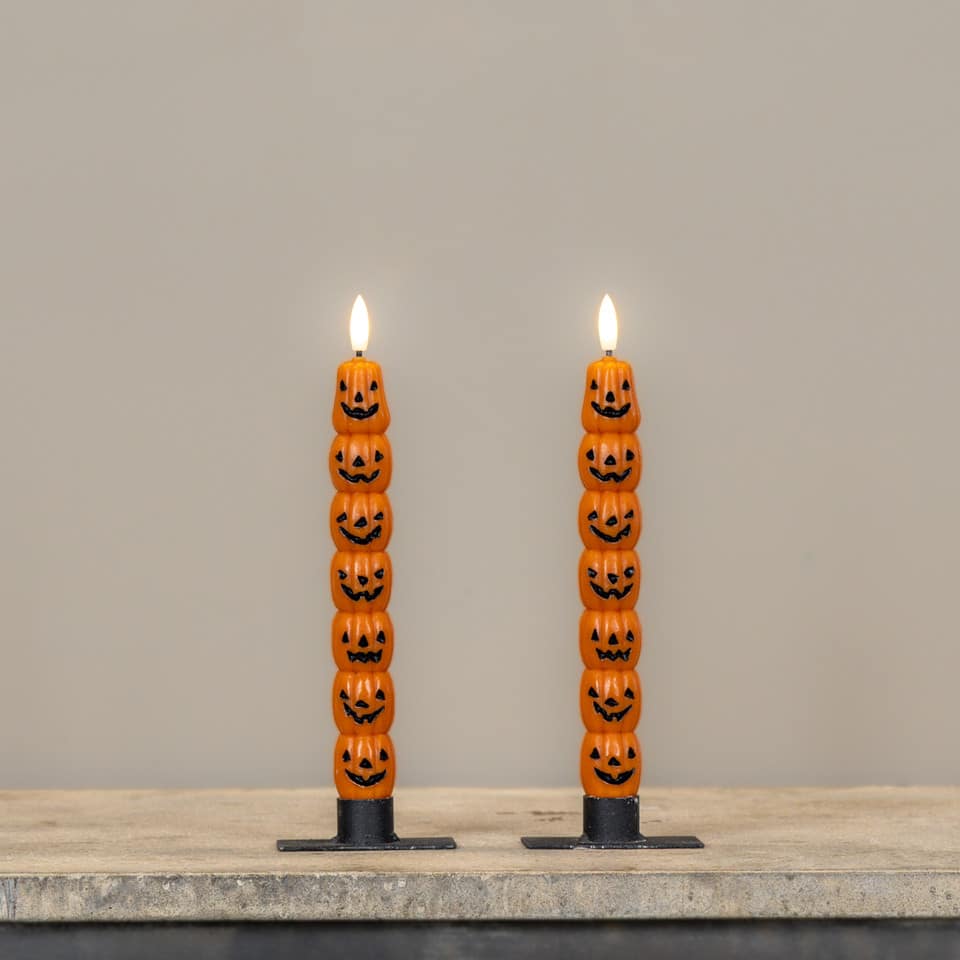 SET/2 - 9.75" STACKED JACK O LANTERNS 3D FLAME TAPER CANDLES - Image 2