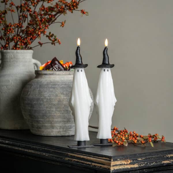 SET/2 - 12" 3D FLAME GHOST W/ WITCH HAT TAPER CANDLES