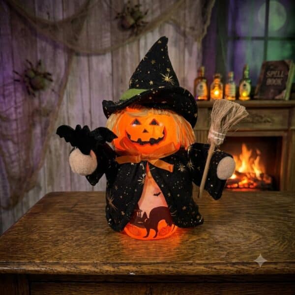 Halloween Fun Pre Lit Timer Glass Witch With Bat