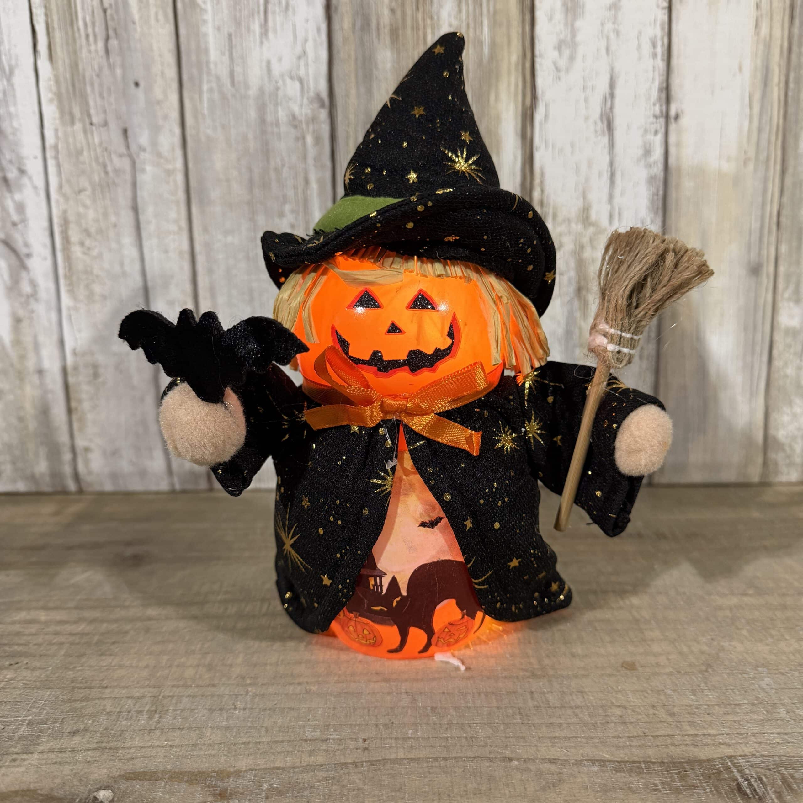 Halloween Fun Pre Lit Timer Glass Witch With Bat