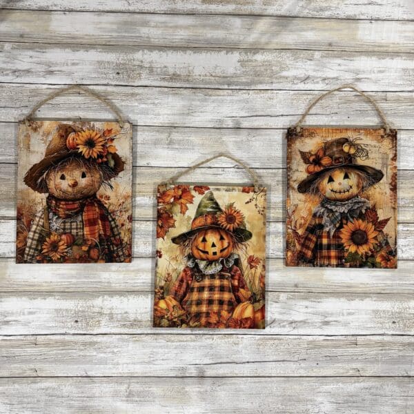 Vintage Rustic Scarecrow Trio Hanging Plaque Set