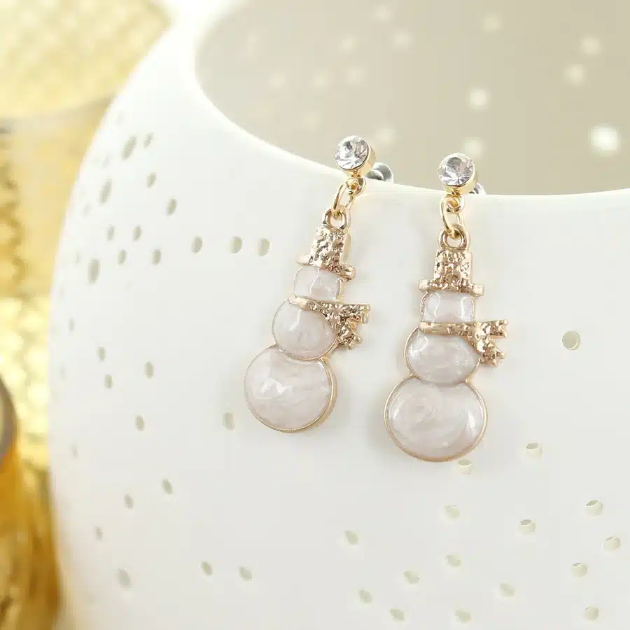 Gold Dipped Enamel Snowman Earrings - Image 2
