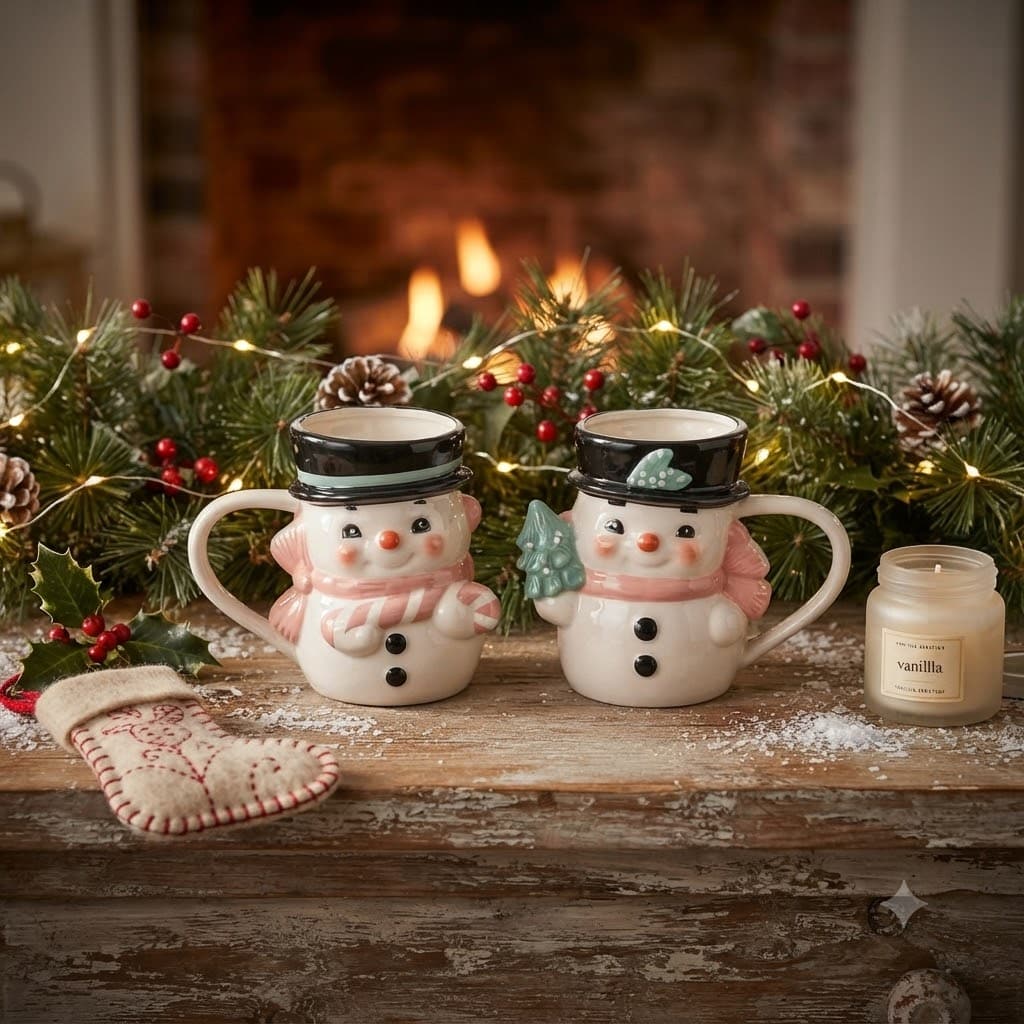 Ceramic Pink Vintage Snowman Mugs / Set of 2