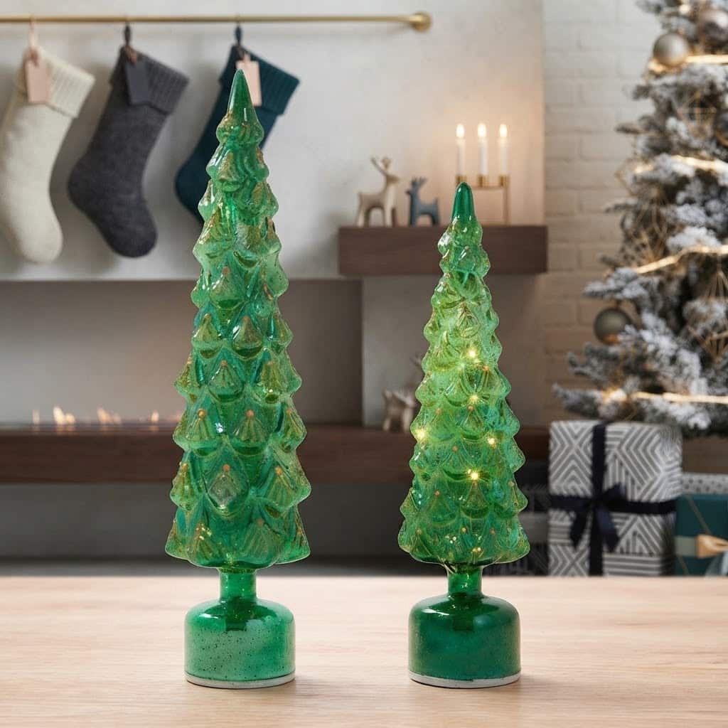 Green Mercury Glass Rotating LED Trees / Set of 2
