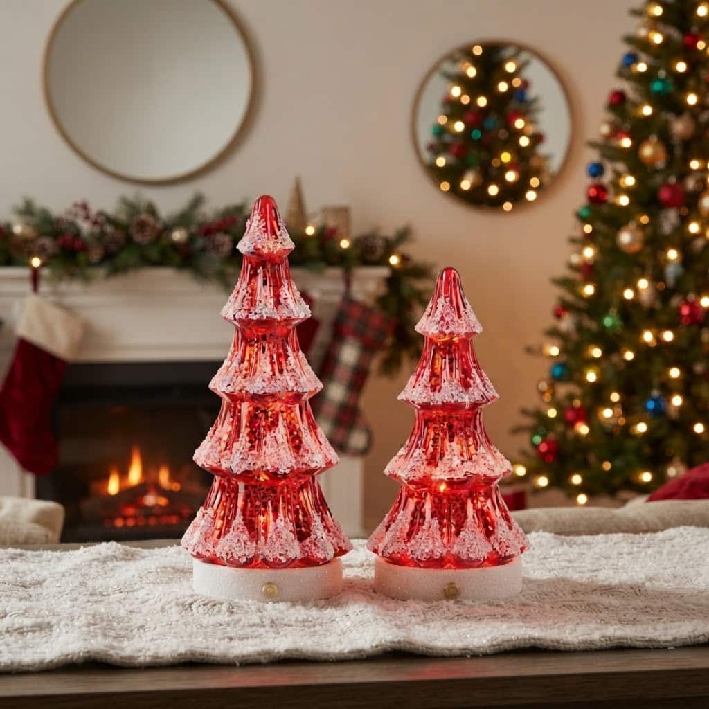 Frosted Red Glass LED Trees / Set of 2