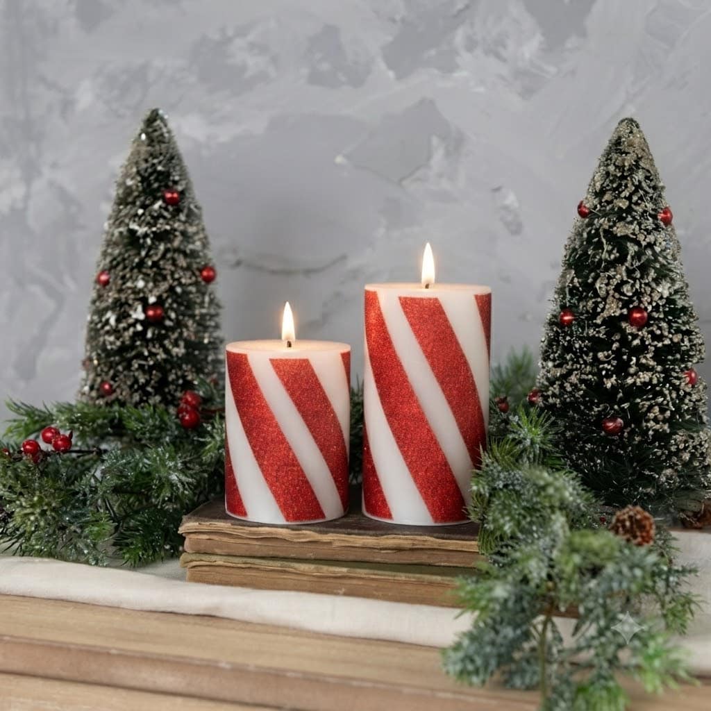 RED 3D FLAME CANDY CANE PILLAR CANDLES