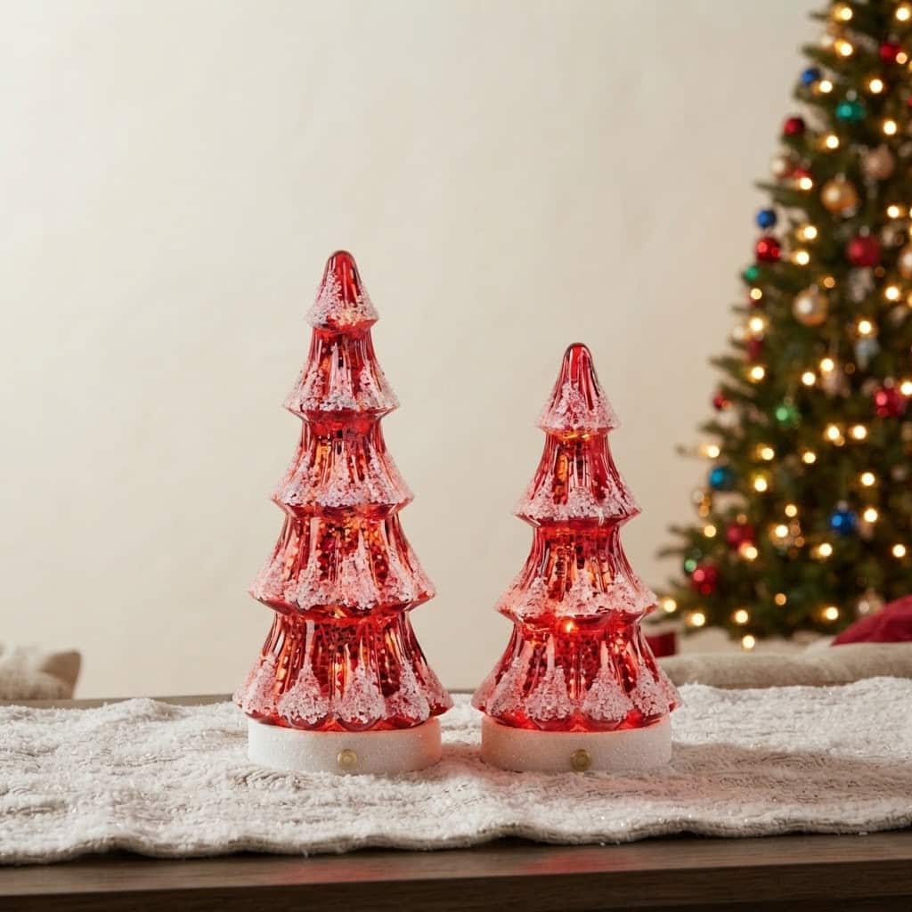 Frosted Red Glass LED Trees / Set of 2 - Image 2