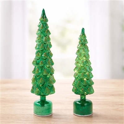 Green Mercury Glass Rotating LED Trees / Set of 2 - Image 2