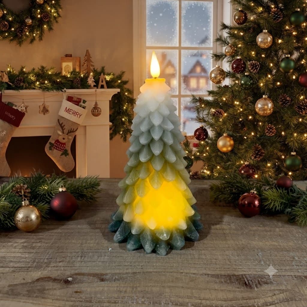 8” Frosted Green Tree LED Timer Candle
