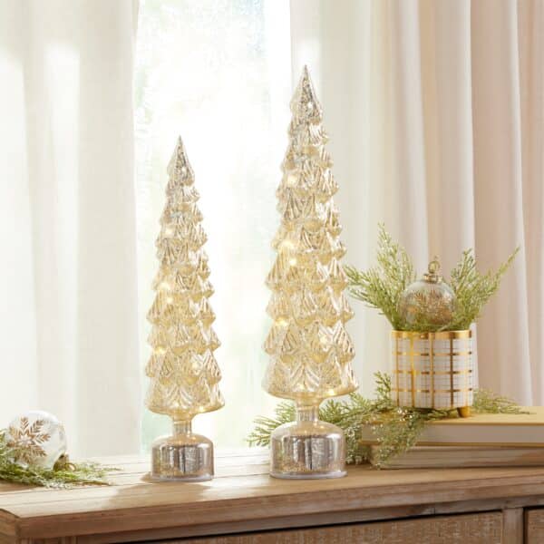 Shimmering Mercury Glass Rotating LED Trees / Set of 2