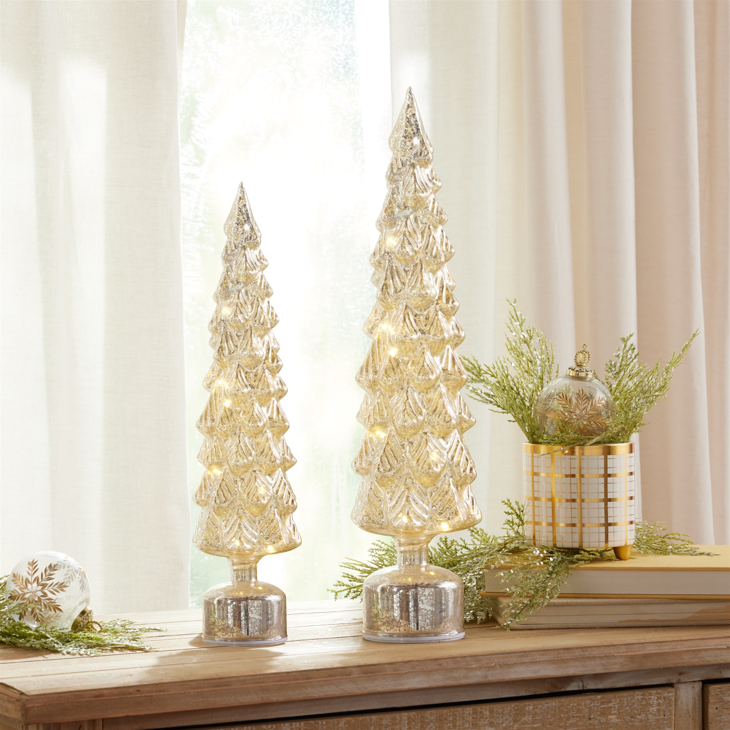 Shimmering Mercury Glass Rotating LED Trees / Set of 2
