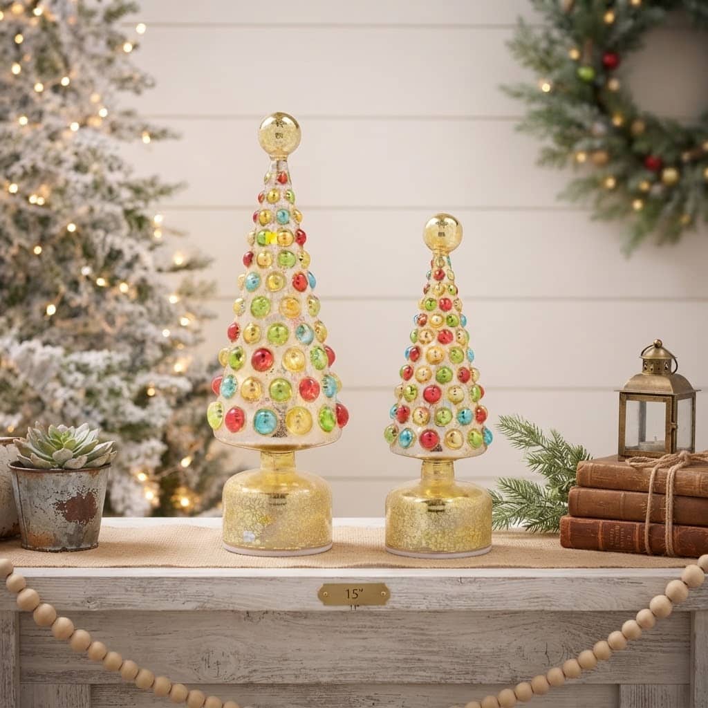 Rotating LED Crackled Glass Shimmer Trees / Set of 2
