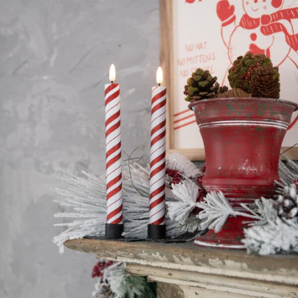 SET/ 2 - 8.5" RED 3D FLAME CANDY CANE TAPER CANDLES