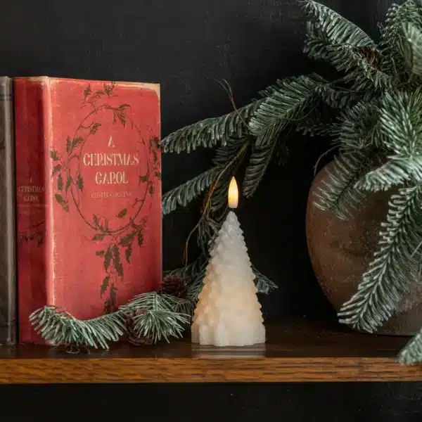 5.5" CREAM SHIMMER 3D FLAME FIR TREE CANDLE