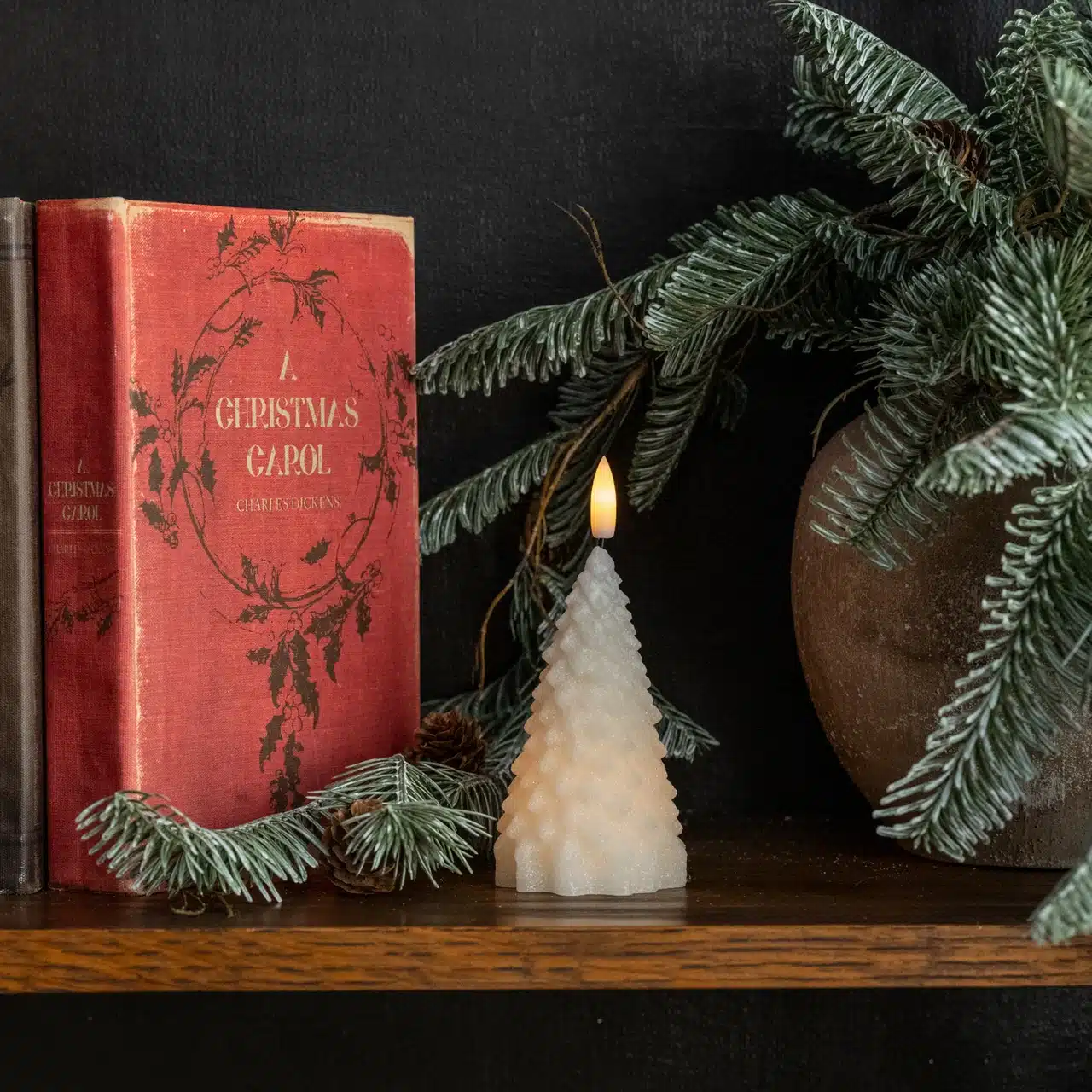 5.5" CREAM SHIMMER 3D FLAME FIR TREE CANDLE